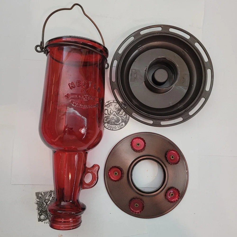 CB & Sons Nectar Hummingbird Feeder Red Glass Metal Vintage Hanging Outdoor 20oz